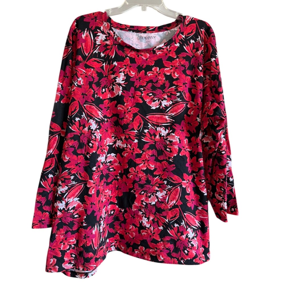 Roamans Womens 3X Plus Red Pink Black Floral Cotton Long Sleeve Tunic Top